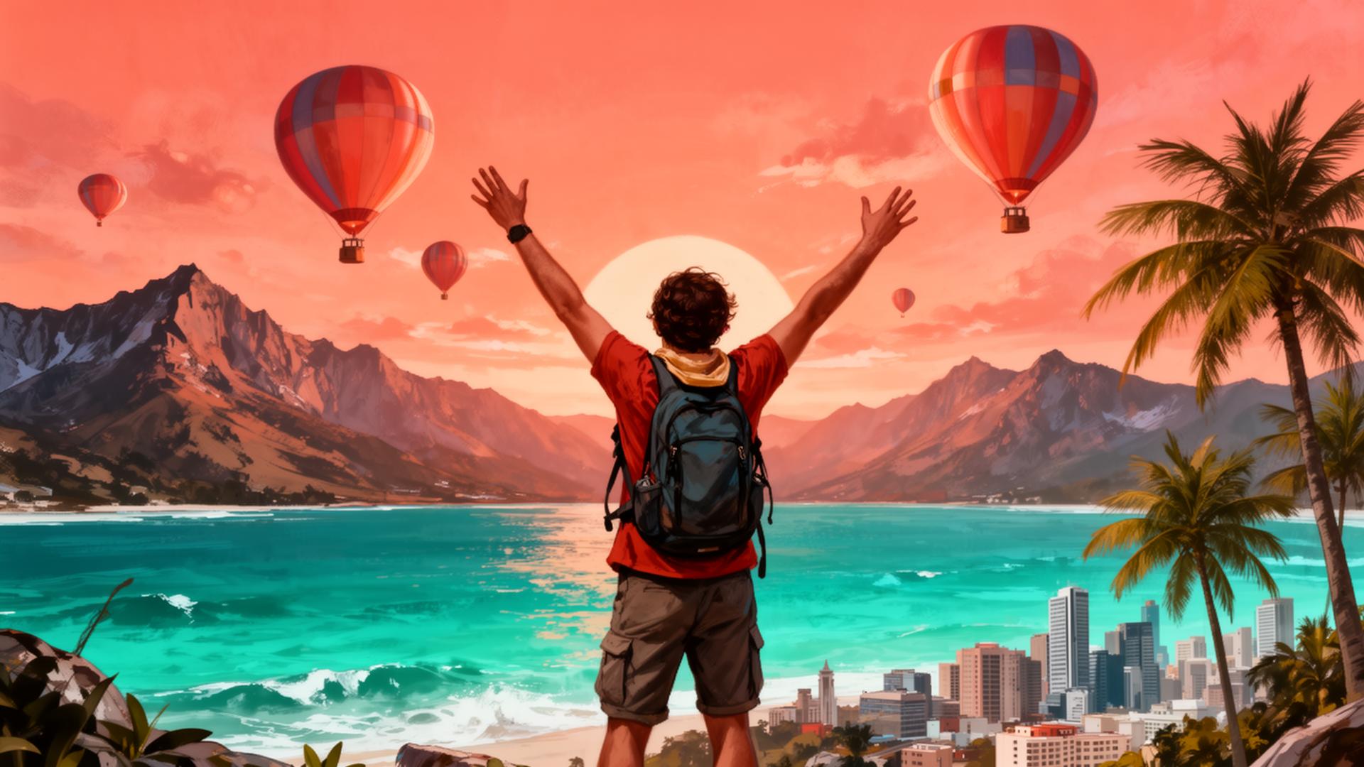 Traveller overlooking a global collage of iconic destinations across seven continents